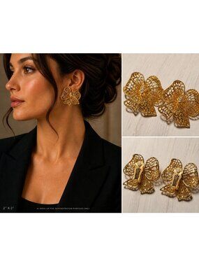 Vintage 1990 Big Bow Rhinestone Center Filigree Yellow Goldtone Clip-On Earrings
